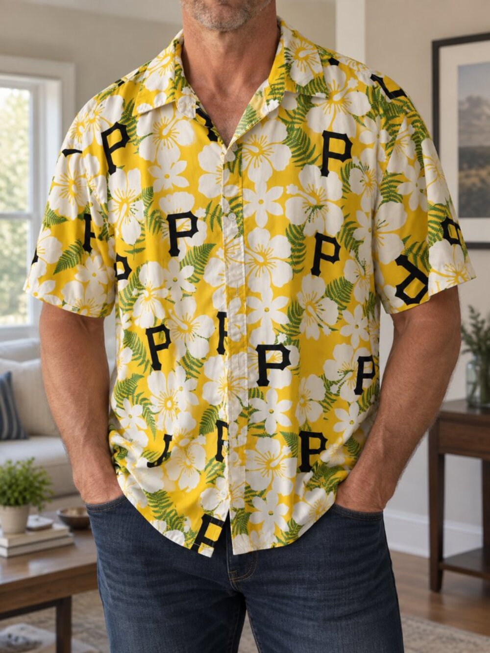 Pittsburgh Pirates Men’s 2XL Yellow Floral Hawaiian Button Down Shirt